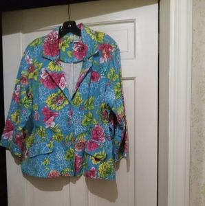 Bill Blass Blue Floral Suit Jacket 3/4 sleeve tropical size 2x